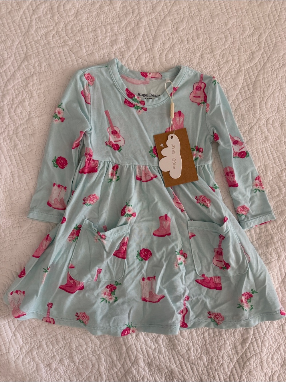 Angel Dear Bamboo Mint Long-Sleeve Dress with Pink Guitar, Boot & Rose Print